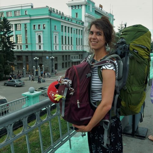 2. Me in front of Novosibirsk railway station, about to travel on a sleeper train to Krasnoyarsk (Siberia, Russia)